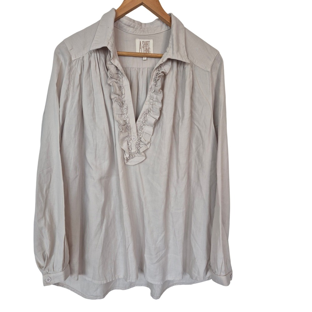 A Shirt Thing Celine Beige Ruffle V-Neck Cotton Blouse Made in Italy Size Large